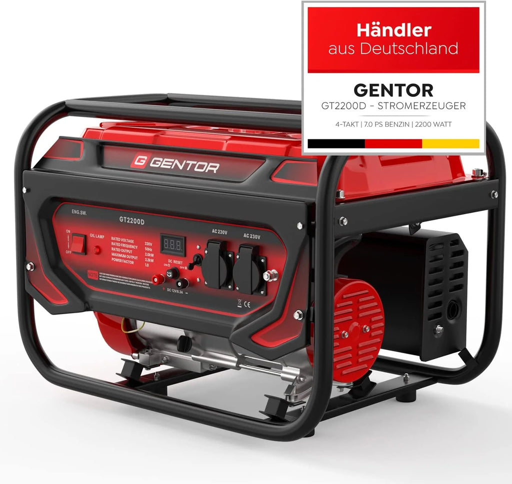 GENTOR generator prądu awaryjnego benzyna cichy 2200 Watt 7.0HP, generatory prądu 4-suwowy silnik benzynowy, 2x 230V, 1x 12V, pull-start, dla kempingu, na zewnątrz, warsztat, dom