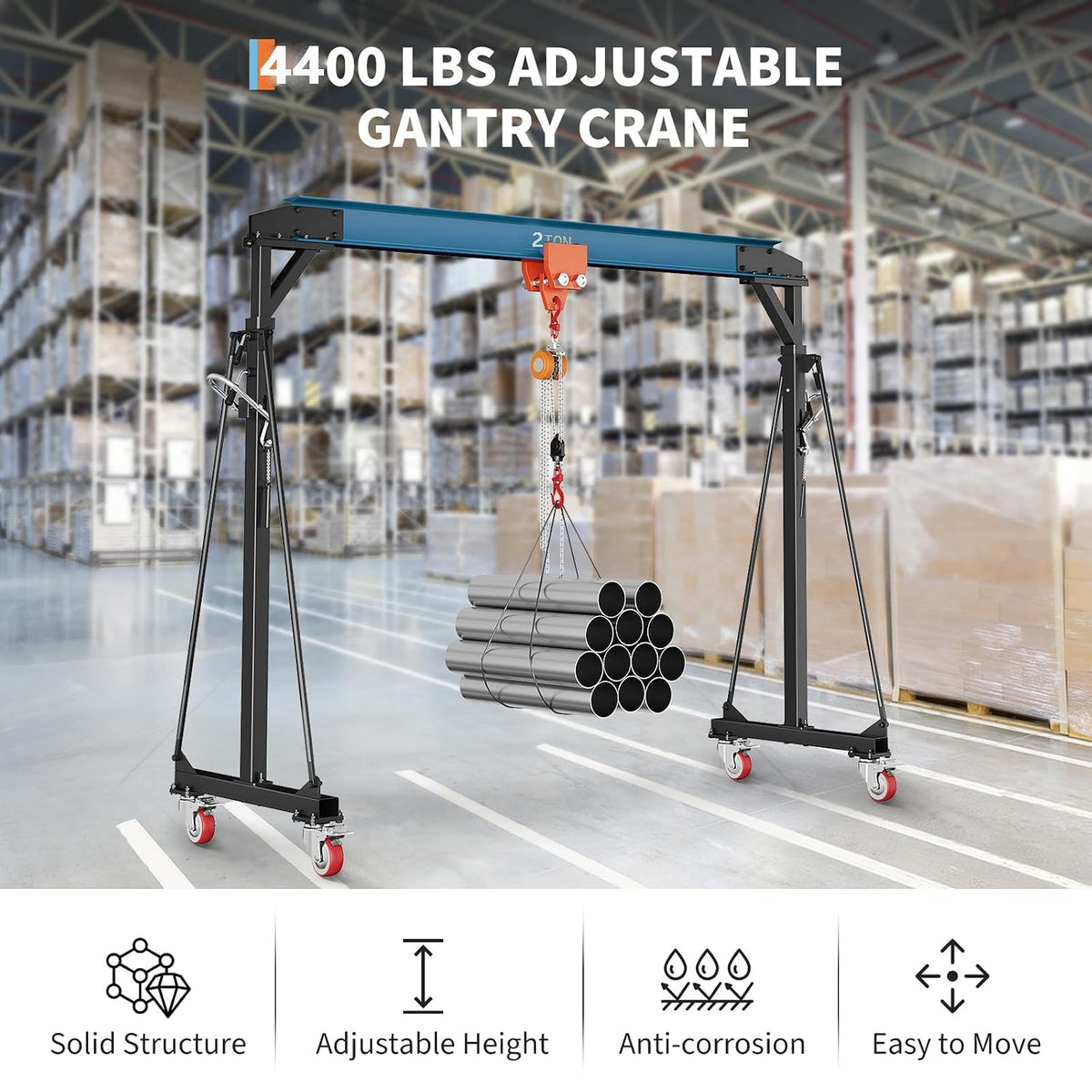 Garvee 4400LBS Gantry Crane, 2 Ton Shop Lift Hoist 8-11 FT with Trolley
