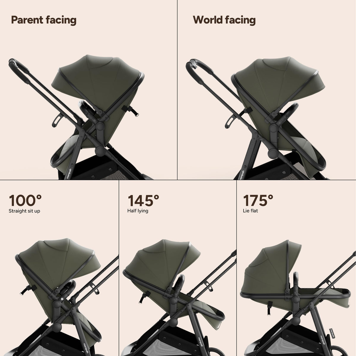 Mompush Wiz 2-in-1 Bassinet Stroller Reversible Seat, One-Hand Fold, Sage