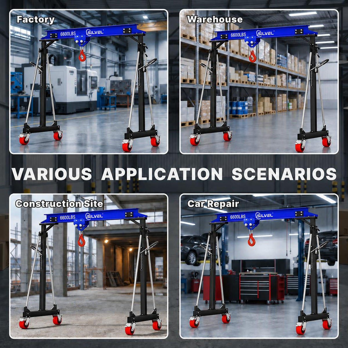 SILVEL 3 Ton Gantry Crane 6600LBS, Adjustable Height 8.53-12.47FT Heavy Duty Portable Engine Hoist with Steel I-Beam & Manual Trolley for Workshop, Garage, Warehouse,Red