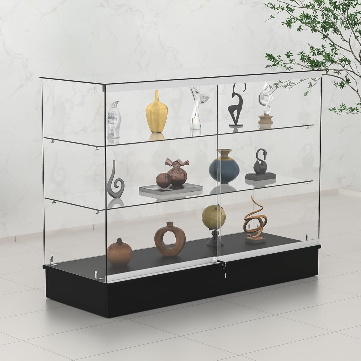48" W x 17.9" D x 37.9" H - Black Full Vision Retail Display Case, Tempered Glass Display Cabinet with Glass Shelves and Storage Compartment,Storage Cabinets for Retail and Collectible Display