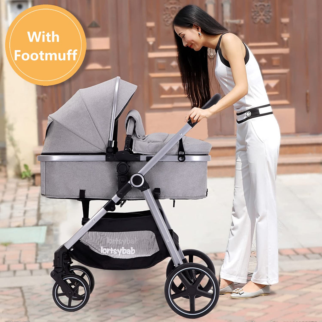 Lortsybab 2-in-1 Baby Stroller - Folding Infant Newborn Pram Stroller with Reversible Seat - Toddler Strollers for 0-36 Months Old Babies