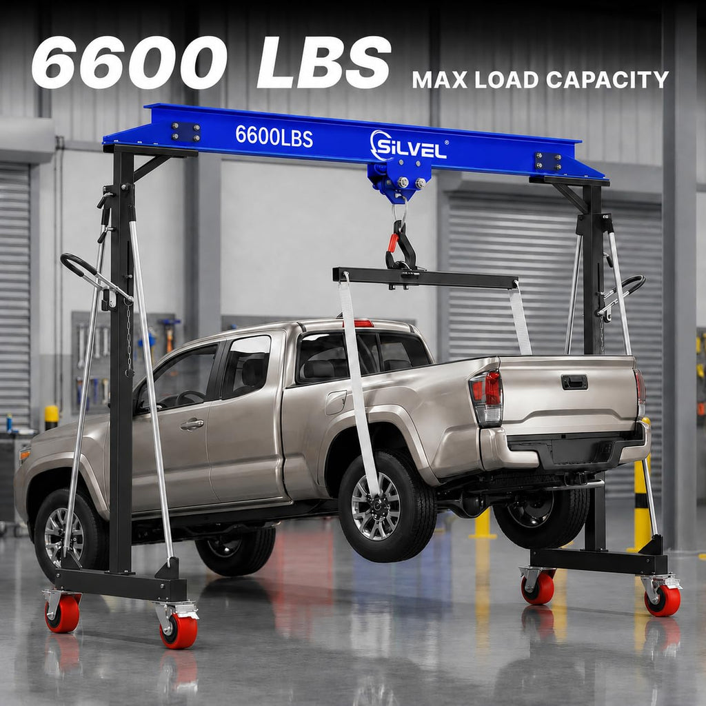 SILVEL 3 Ton Gantry Crane 6600LBS, Adjustable Height 8.53-12.47FT Heavy Duty Portable Engine Hoist with Steel I-Beam & Manual Trolley for Workshop, Garage, Warehouse,Red