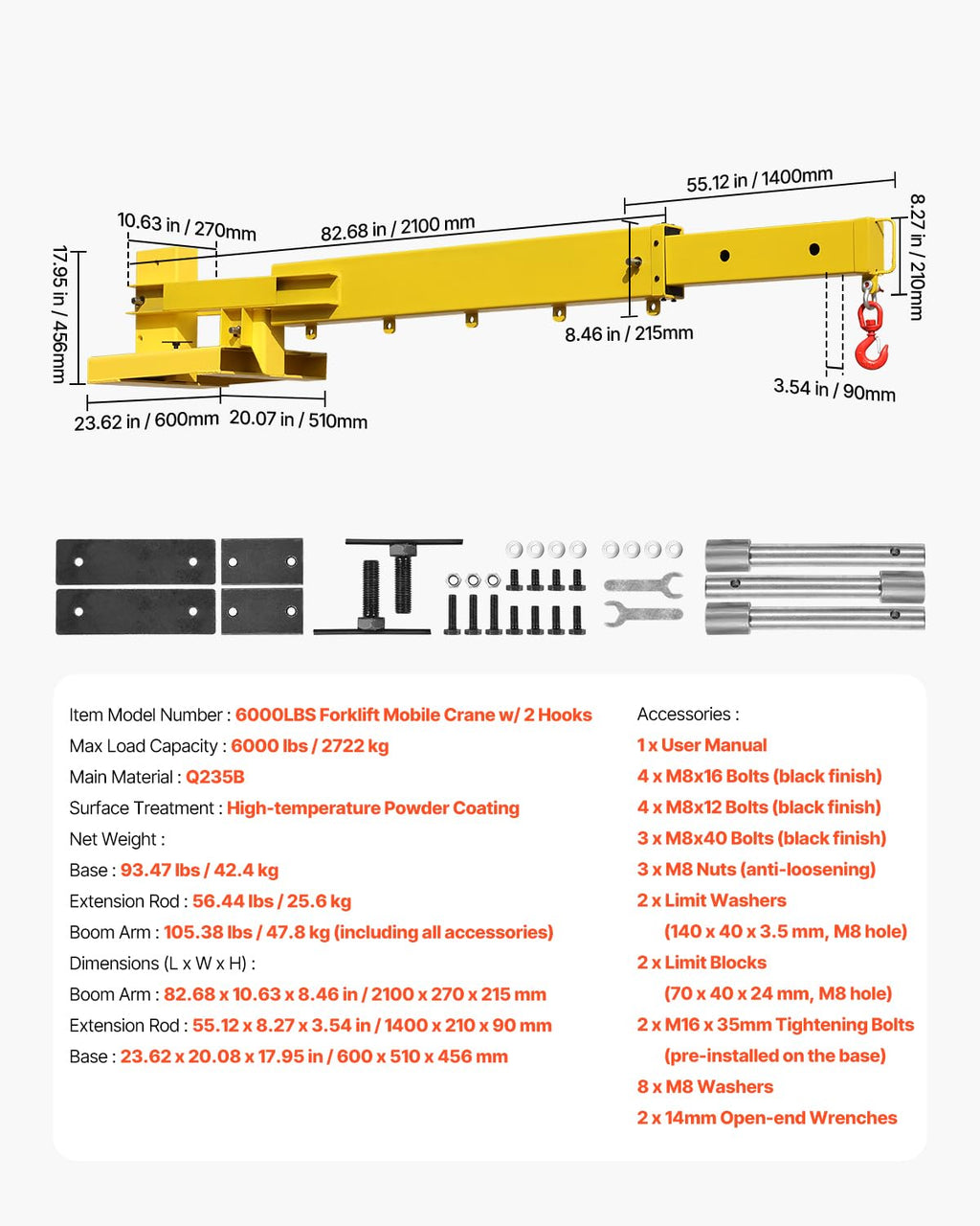 VEVOR Forklift Jib Boom Crane, 5500 lbs Capacity, Forklift Mobile Crane Lifting Hoist with 2 Hooks, Manual Telescopic 47.2-73.5 in, Boom Attachment Towing Handling Equipment for Warehouse & Factories