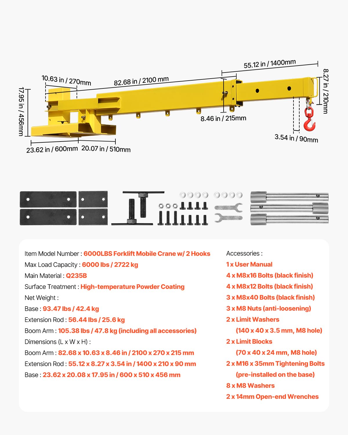 VEVOR Forklift Jib Boom Crane, 5500 lbs Capacity, Forklift Mobile Crane Lifting Hoist with 2 Hooks, Manual Telescopic 47.2-73.5 in, Boom Attachment Towing Handling Equipment for Warehouse & Factories