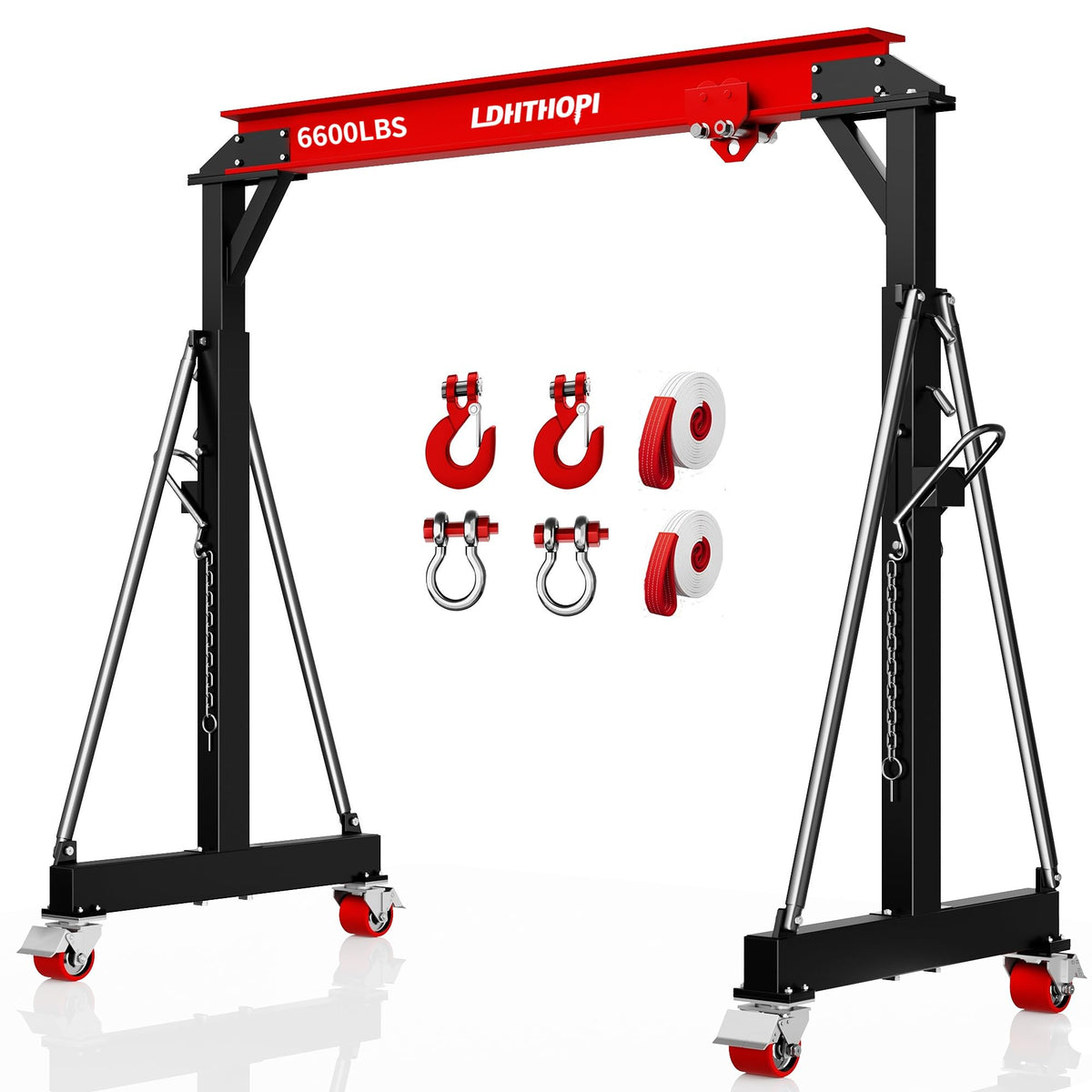 LDHTHOPI 3 Ton Gantry Crane, 6600LBS Adjustable Height 8.53 to 12.47ft with Triangle Base, Portable I-Beam Hoist for Factory, Warehouse, Auto Repair & Construction,Red