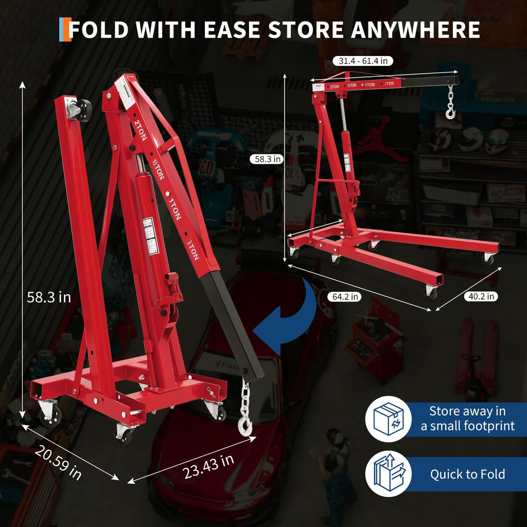 2-Ton Folding Engine Hoist Cherry Picker 4400 Lb Capacity Hydraulic Shop Crane with Telescoping Boom 6 Caster Wheels for Automotive Repair Garage Use Includes Hitch and Storage Stand Orange