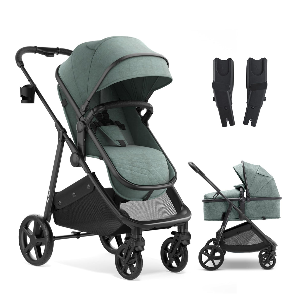 Mompush Wiz 2-in-1 Bassinet Stroller Reversible Seat, One-Hand Fold, Sage