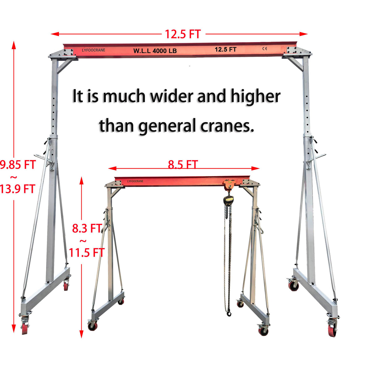Width 10.5 FT Adjustable Gantry Crane 4000 LB Capacity, Height Adjustable Gantry 9.85 FT ~ 10FT ~ 12 FT~12.5 FT~13.90 FT, Portable Gantry Hoist 2T, Garage Crane with Hoist and Rigging Kit (10.5 FT)
