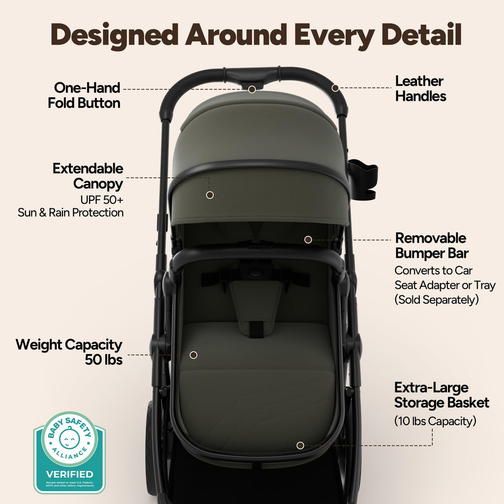 Mompush Wiz 2-in-1 Bassinet Stroller Reversible Seat, One-Hand Fold, Sage