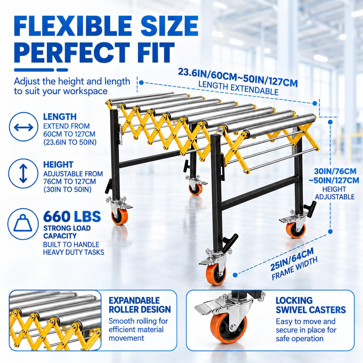 660 LBS Roller Conveyor Table, Expandable Adjustable Conveyor Rollers Stand