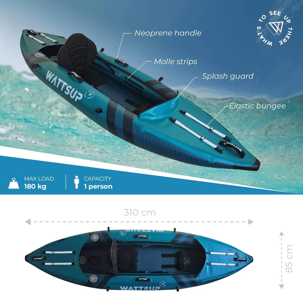 Wattsup Kajak dmuchany COD dla jednej osoby – 310 x 85 cm (10'2 x 33), laminowane tworzywo PVC i konstrukcja Dropstitch, kompletny zestaw, maks. 180 kg