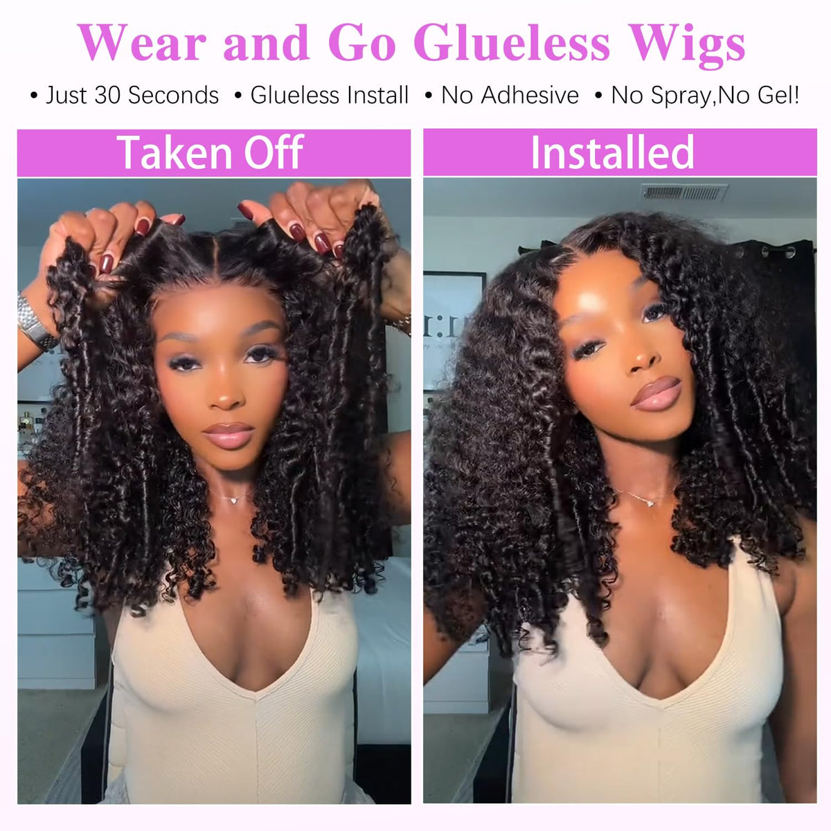 Liqusee 7x6 Burmese Curly Glueless Wigs Human Hair Pre Plucked Pre Cut 250% Density Drawstring Wig for Black Women 7x6 HD Lace Front Wigs Human Hair Glueless Wear and Go Natural Color 24 Inch