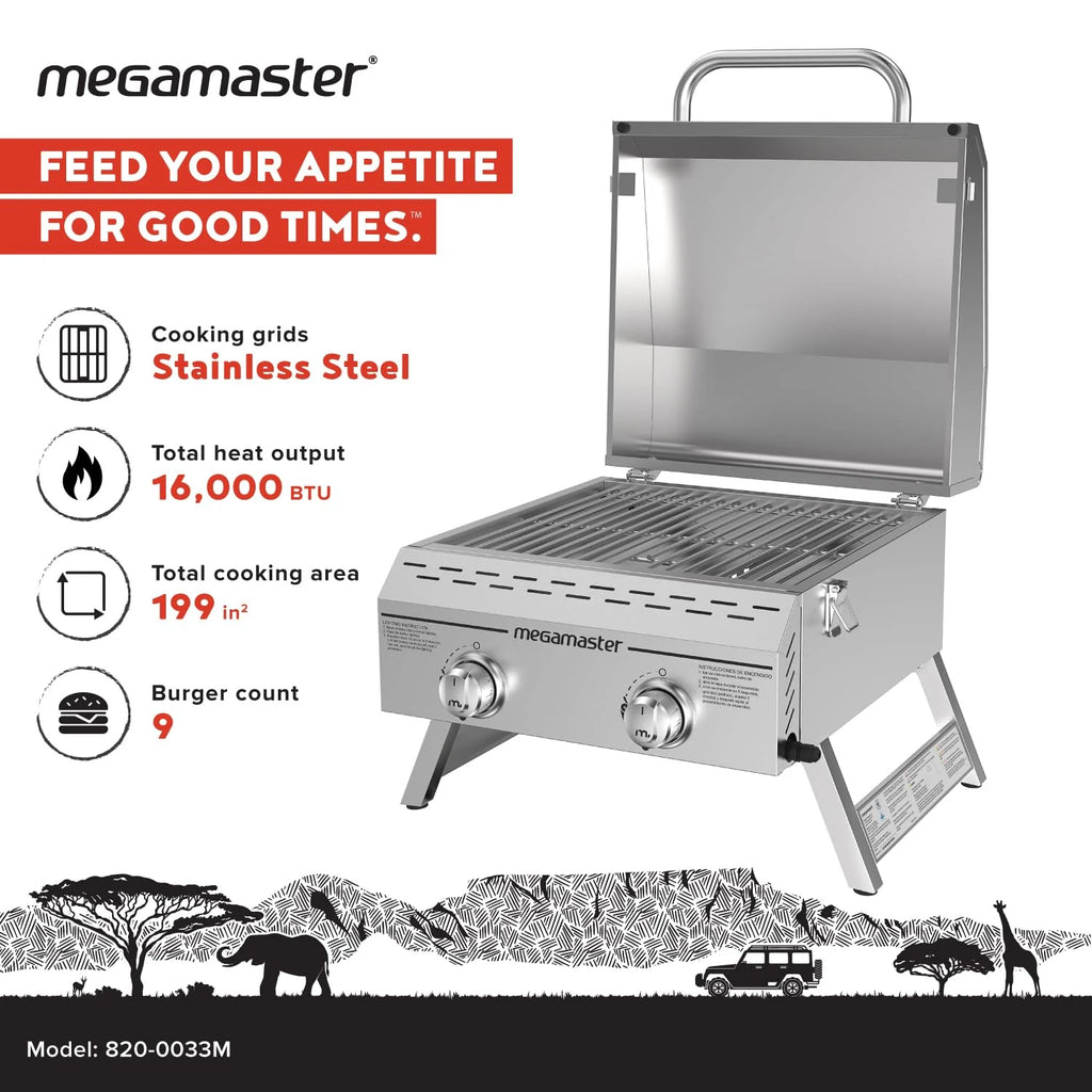 Megamaster Wysokiej jakości grill do gotowania na świeżym powietrzu z 2 palnikami, na kemping, do kuchni na zewnątrz, na patio, ogród, grill z dwiema składanymi nogami, srebrny ze stali nierdzewnej