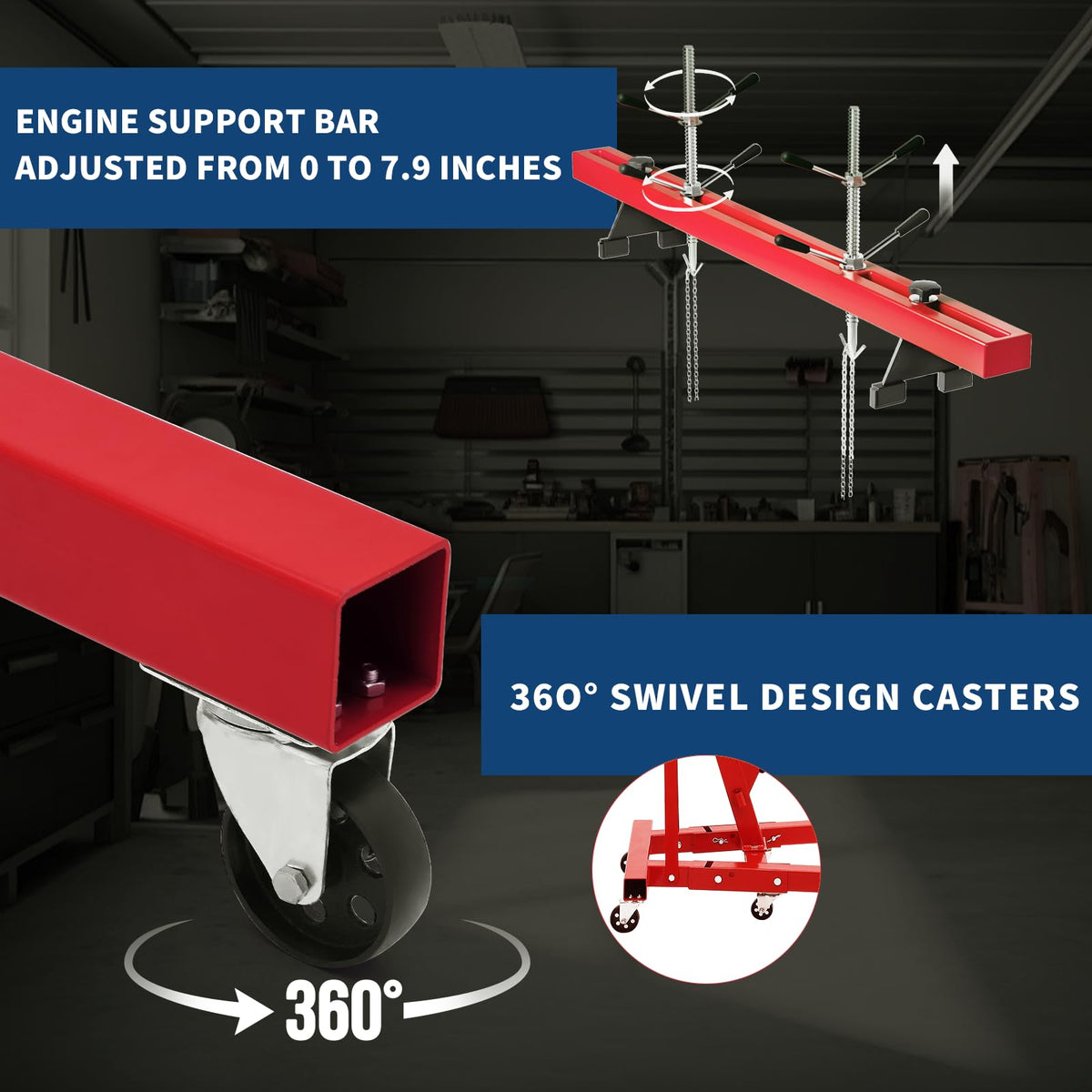 2-Ton Folding Engine Hoist Cherry Picker 4400 Lb Capacity Hydraulic Shop Crane with Telescoping Boom 6 Caster Wheels for Automotive Repair Garage Use Includes Hitch and Storage Stand Orange