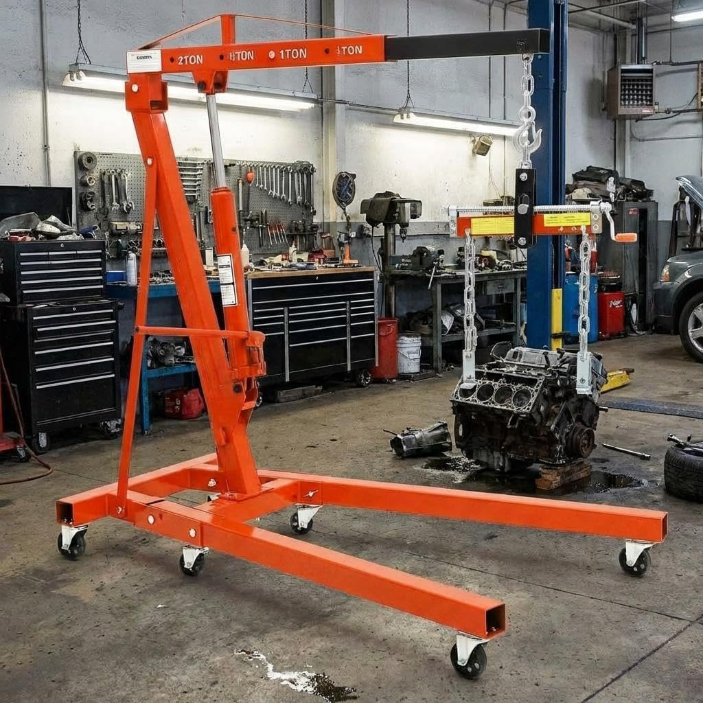 2-Ton Folding Engine Hoist Cherry Picker 4400 Lb Capacity Hydraulic Shop Crane with Telescoping Boom 6 Caster Wheels for Automotive Repair Garage Use Includes Hitch and Storage Stand Orange