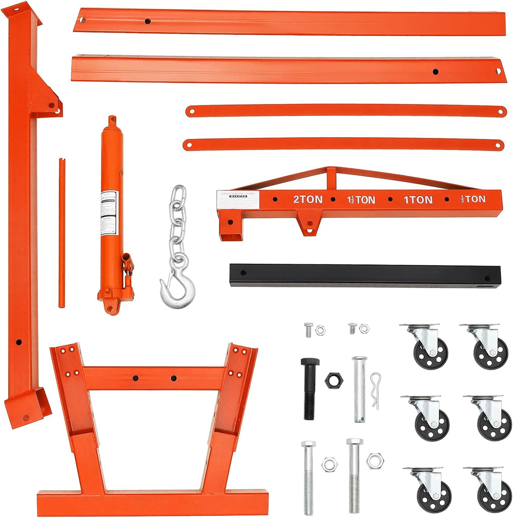 2-Ton Folding Engine Hoist Cherry Picker 4400 Lb Capacity Hydraulic Shop Crane with Telescoping Boom 6 Caster Wheels for Automotive Repair Garage Use Includes Hitch and Storage Stand Orange