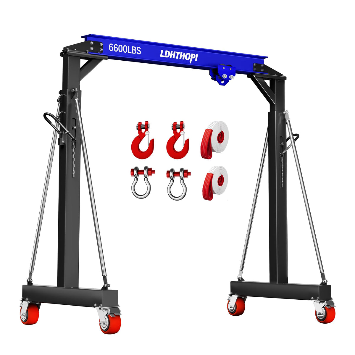 LDHTHOPI 3 Ton Gantry Crane, 6600LBS Adjustable Gantry Crane with 8.53-12.47ft Height, Shop Lift Hoist with Manual Trolley, Hook & Shackles for Warehouse, Factory,Auto Repair & Construction, Red