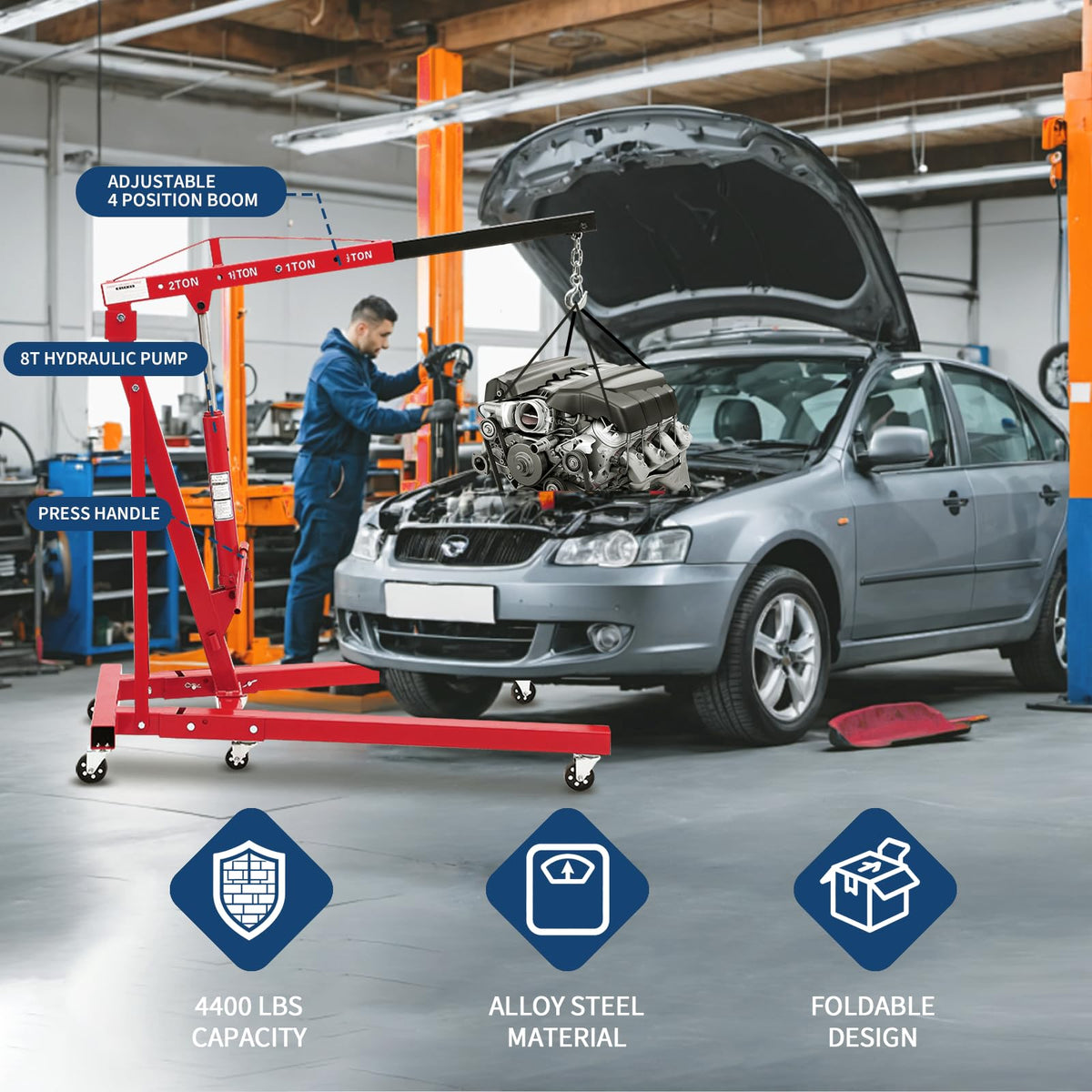 2-Ton Folding Engine Hoist Cherry Picker 4400 Lb Capacity Hydraulic Shop Crane with Telescoping Boom 6 Caster Wheels for Automotive Repair Garage Use Includes Hitch and Storage Stand Orange