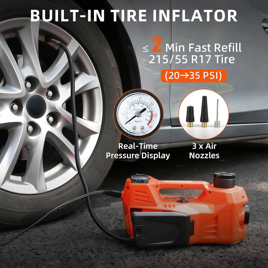 Electric Car Jack, 5 Ton Hydraulic Floor Jack with Electric Impact Wrench, Tire Inflator & LED Light, Lift Range 6.1-17.7 Inch, Emergency Roadside Tire Changing Kit for SUV Sedan Truck