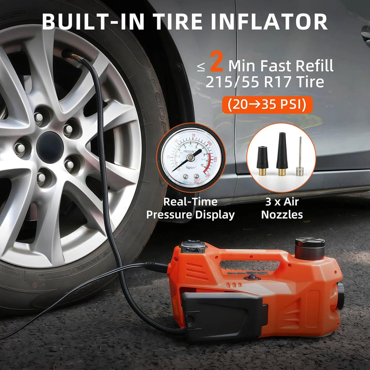 Electric Car Jack, 5 Ton Hydraulic Floor Jack with Electric Impact Wrench, Tire Inflator & LED Light, Lift Range 6.1-17.7 Inch, Emergency Roadside Tire Changing Kit for SUV Sedan Truck