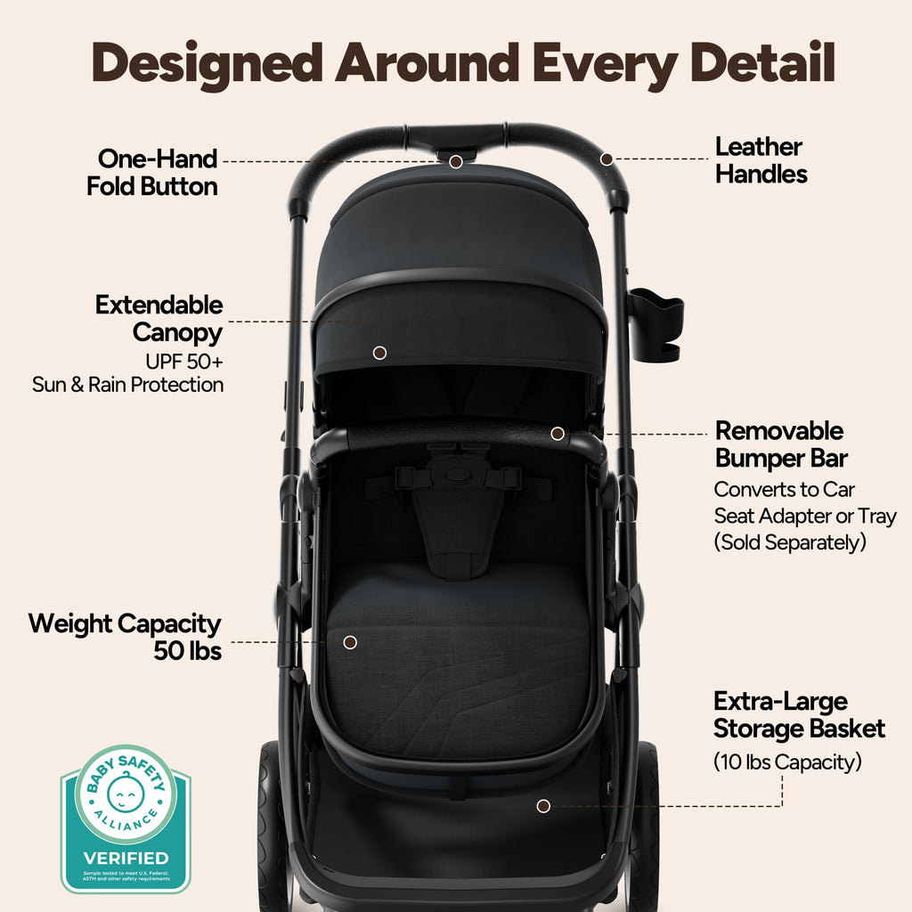 Mompush Wiz 2-in-1 Bassinet Stroller Reversible Seat, One-Hand Fold, Sage