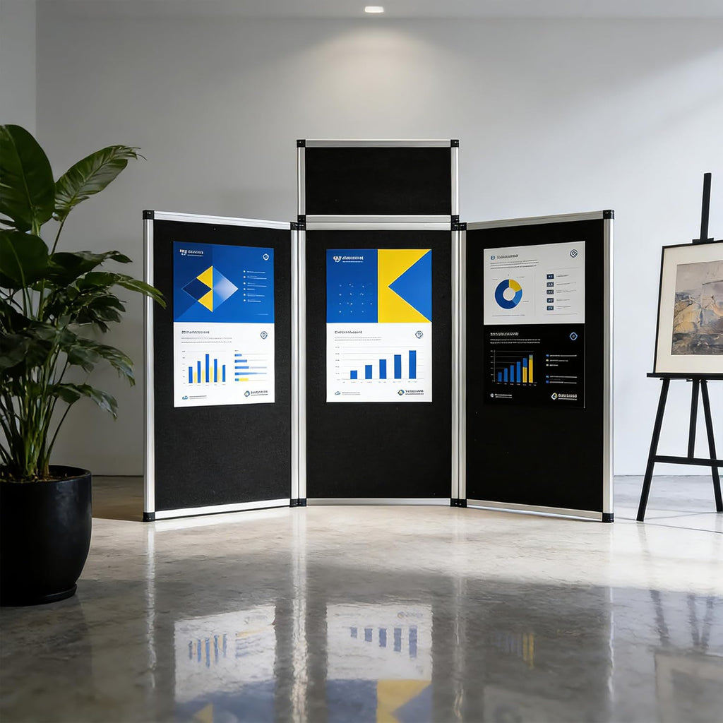 LITTLE TREE 3+1 Panel Trade Show Presentation Board, 70.8" x 35.4" Portable Panel Display, Folding Exhibition Boards Double Sided Tabletop Display Black Hook & Loop-Receptive Fabric with Bag
