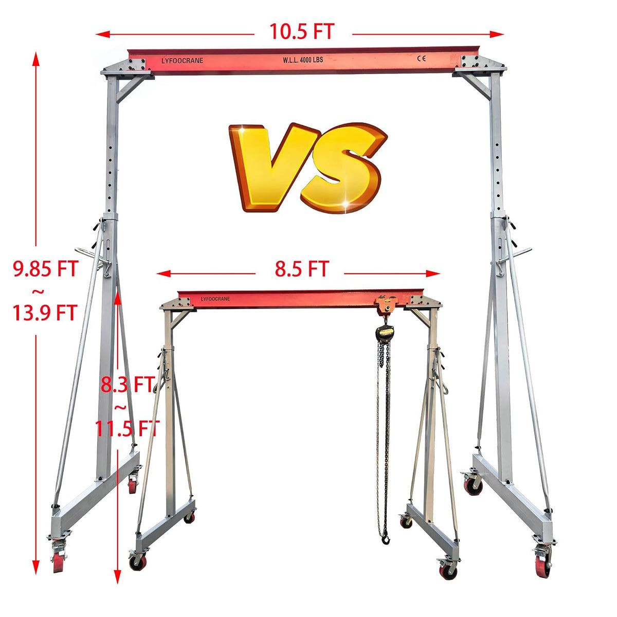 Width 10.5 FT Adjustable Gantry Crane 4000 LB Capacity, Height Adjustable Gantry 9.85 FT ~ 10FT ~ 12 FT~12.5 FT~13.90 FT, Portable Gantry Hoist 2T, Garage Crane with Hoist and Rigging Kit (10.5 FT)
