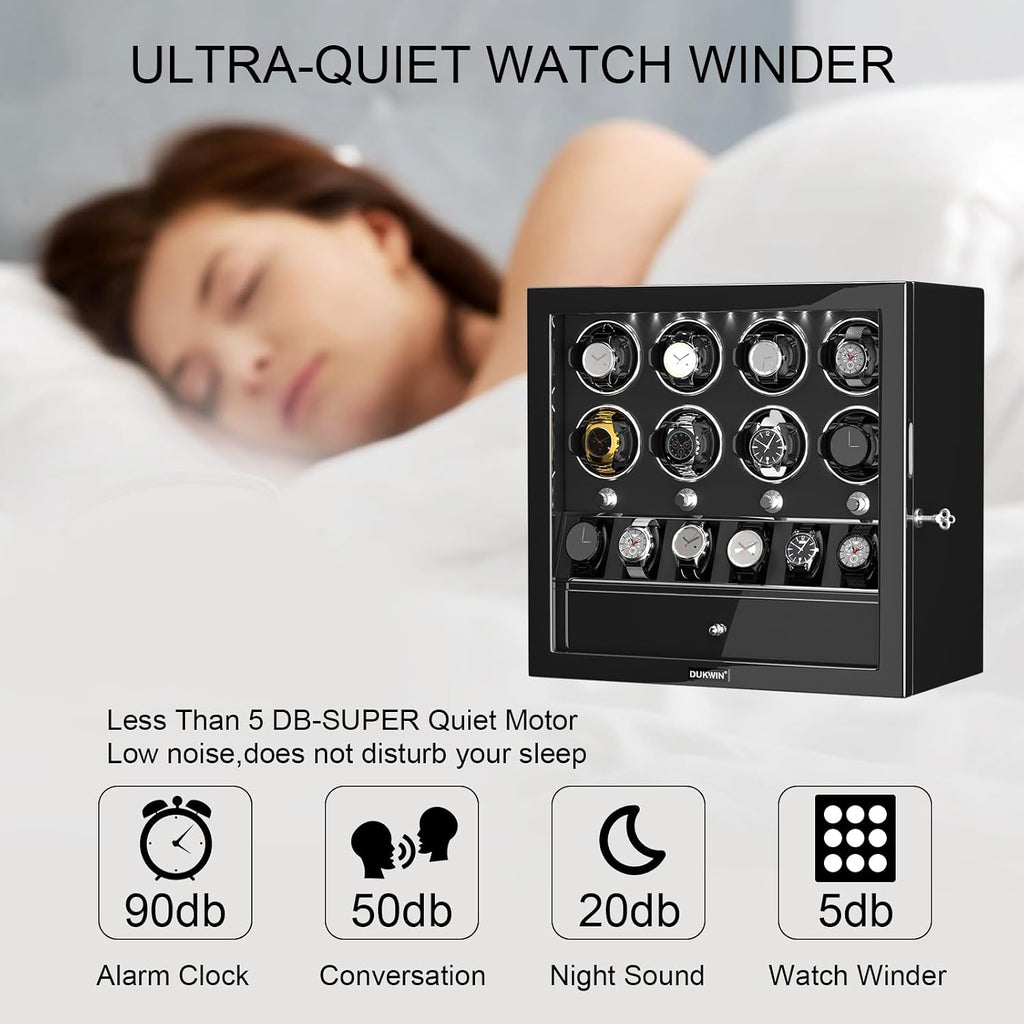 DUKWIN Watch Winder for Automatic Watches, Lockable Watch Winders with Watch and Jewelry Storages, Super Quiet Mabuchi Motor with High-Gloss Piano Lacquer Finish,Built-in Illumination