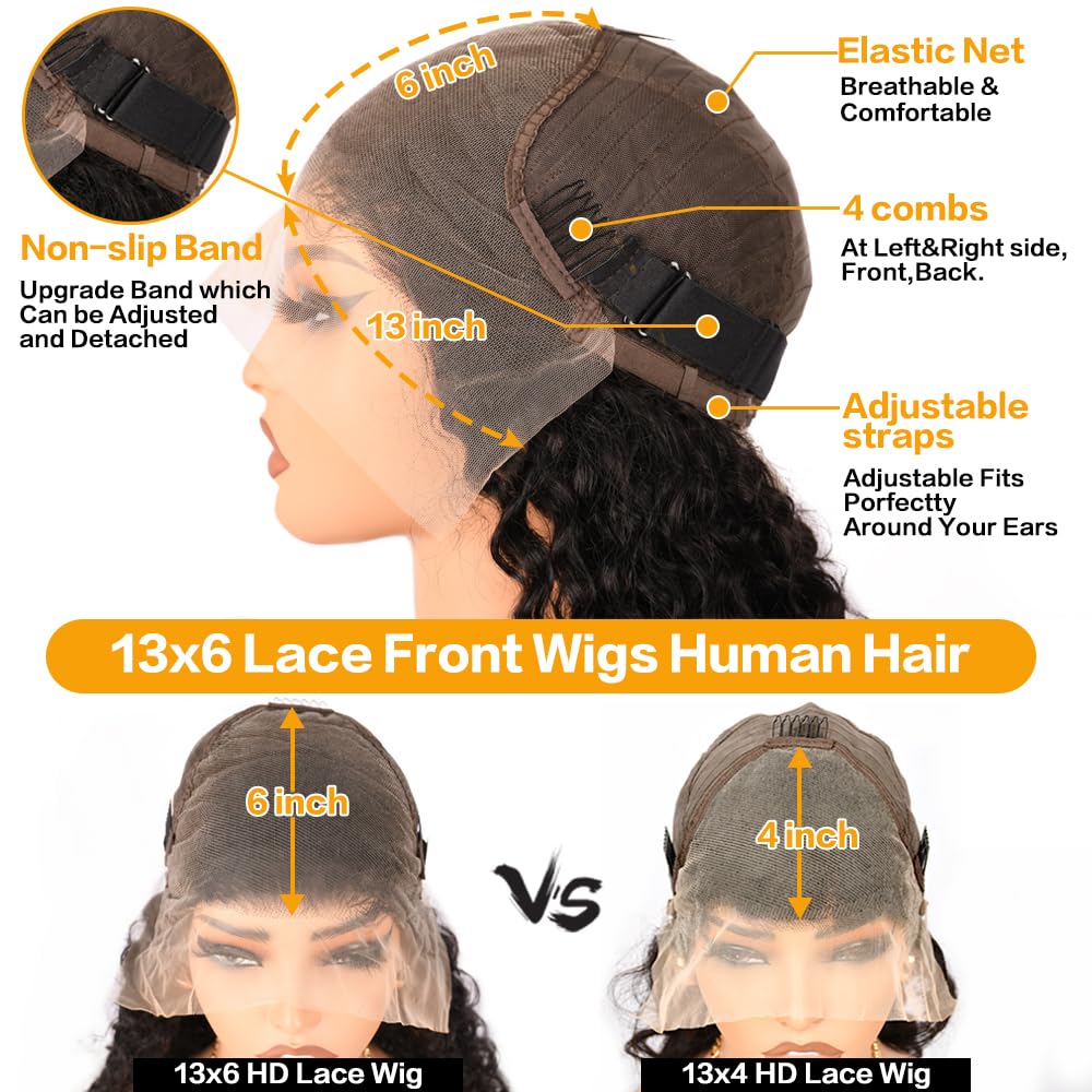 13x6 Deep Wave Lace Front Wigs - 200% Density HD Transparent Frontal Wigs - Glueless, Pre-Plucked with Baby Hair - Natural Black (30Inch)