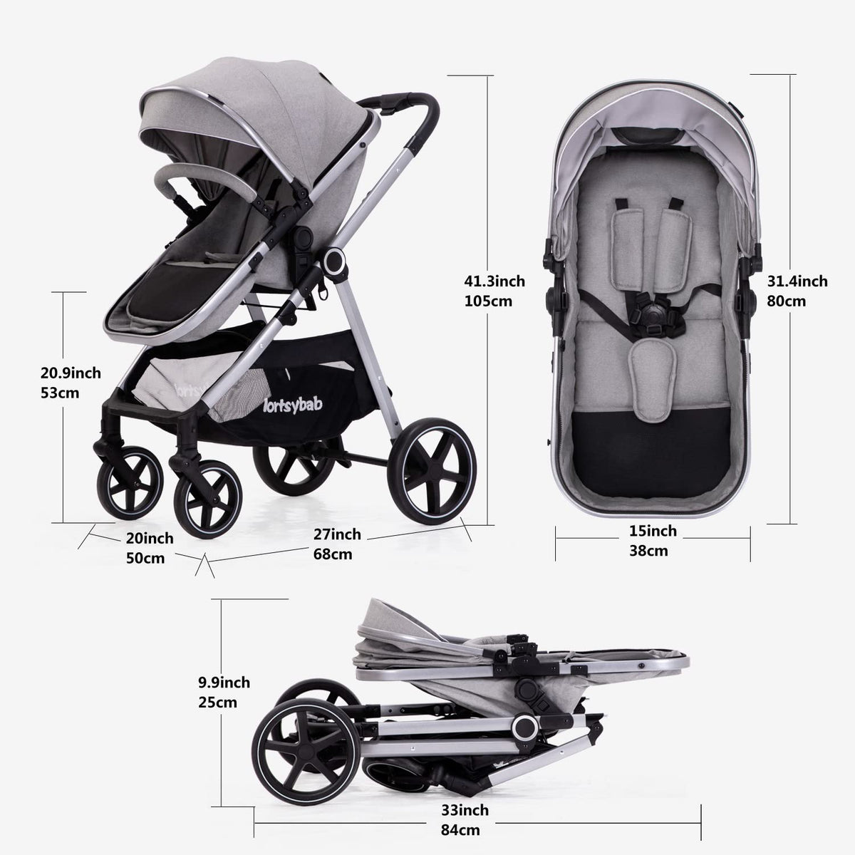 Lortsybab 2-in-1 Baby Stroller - Folding Infant Newborn Pram Stroller with Reversible Seat - Toddler Strollers for 0-36 Months Old Babies