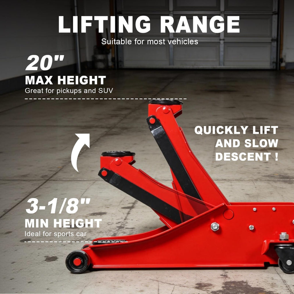 Jack Boss 4 Ton Floor Jack Hydraulic Low Profile Floor Jack with Dual Piston Quick Lift Pump, 4 Ton (8,800 lbs) Capacity, Red