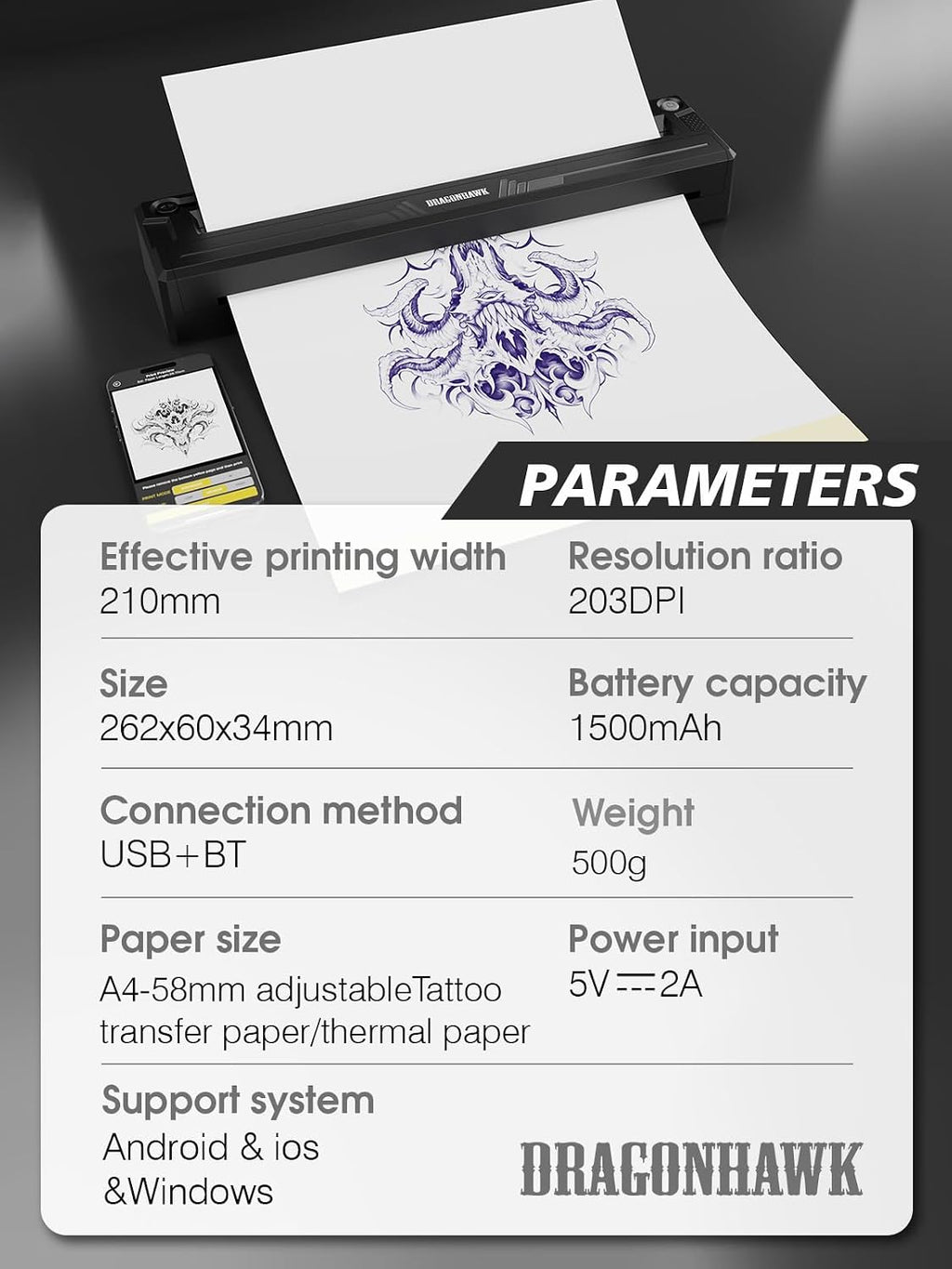 Dragonhawk Atom2 Pro Wireless Tattoo Kit with A4 Thermal Stencil Printer