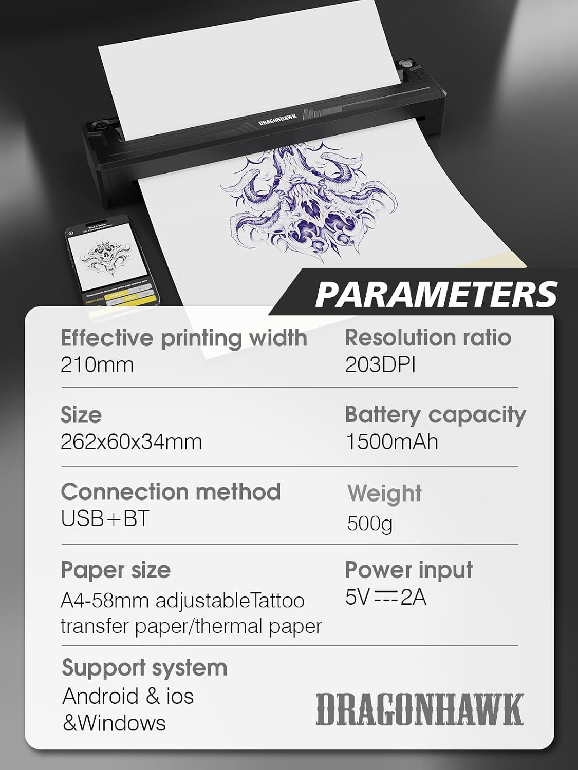 Dragonhawk Atom2 Pro Wireless Tattoo Kit with A4 Thermal Stencil Printer