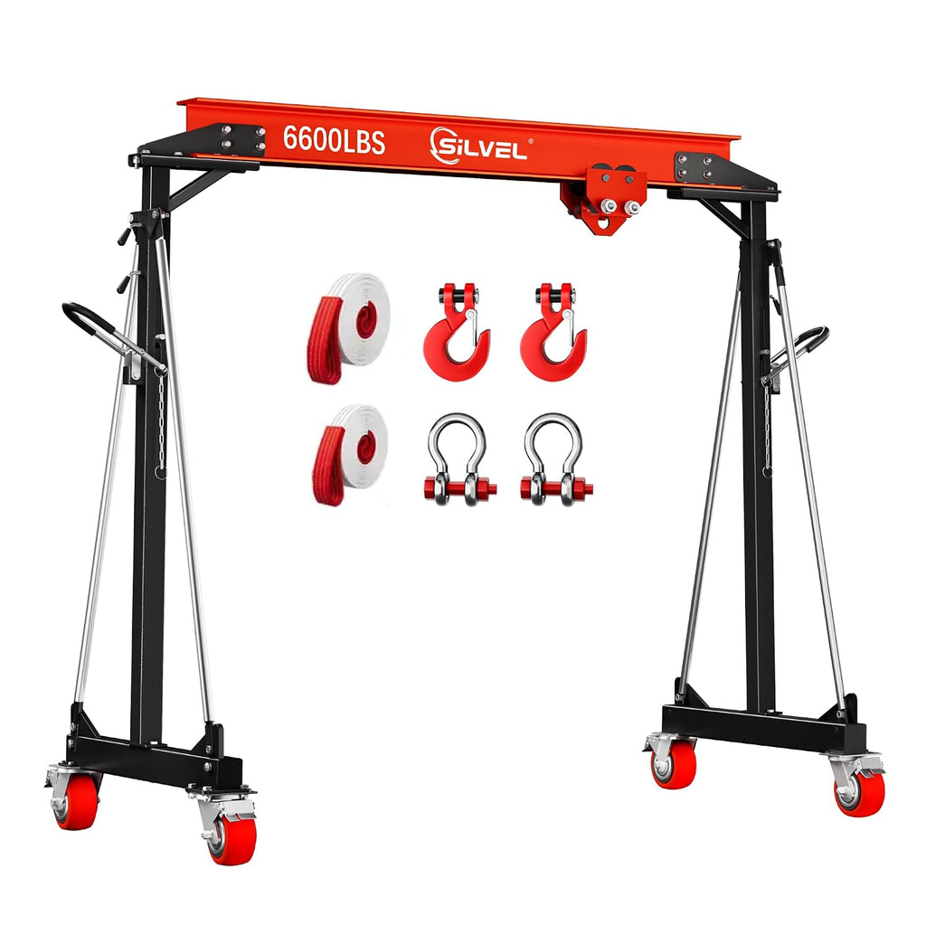 SILVEL 3 Ton Gantry Crane 6600LBS, Adjustable Height 8.53-12.47FT Heavy Duty Portable Engine Hoist with Steel I-Beam & Manual Trolley for Workshop, Garage, Warehouse,Red