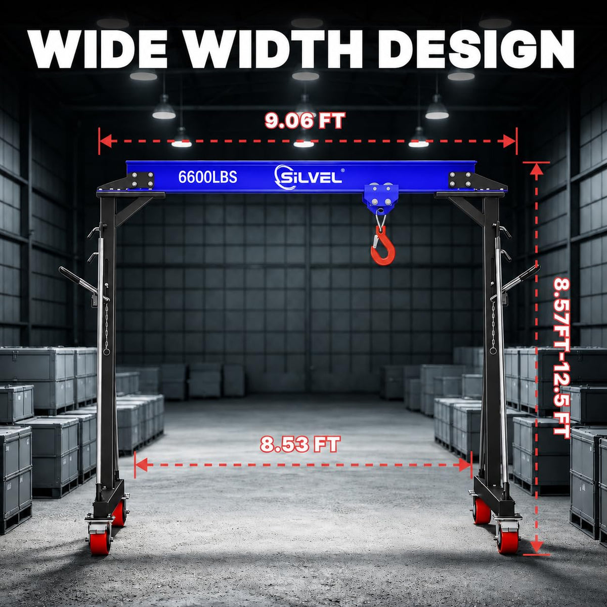 SILVEL 3 Ton Gantry Crane 6600LBS, Adjustable Height 8.53-12.47FT Heavy Duty Portable Engine Hoist with Steel I-Beam & Manual Trolley for Workshop, Garage, Warehouse,Red