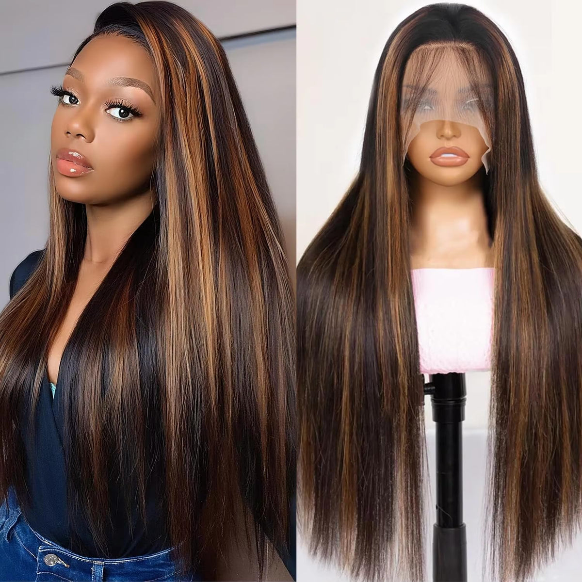 13x6 Ombre Lace Front Wig Human Hair 28IN 180Density Highlight Straight Wig