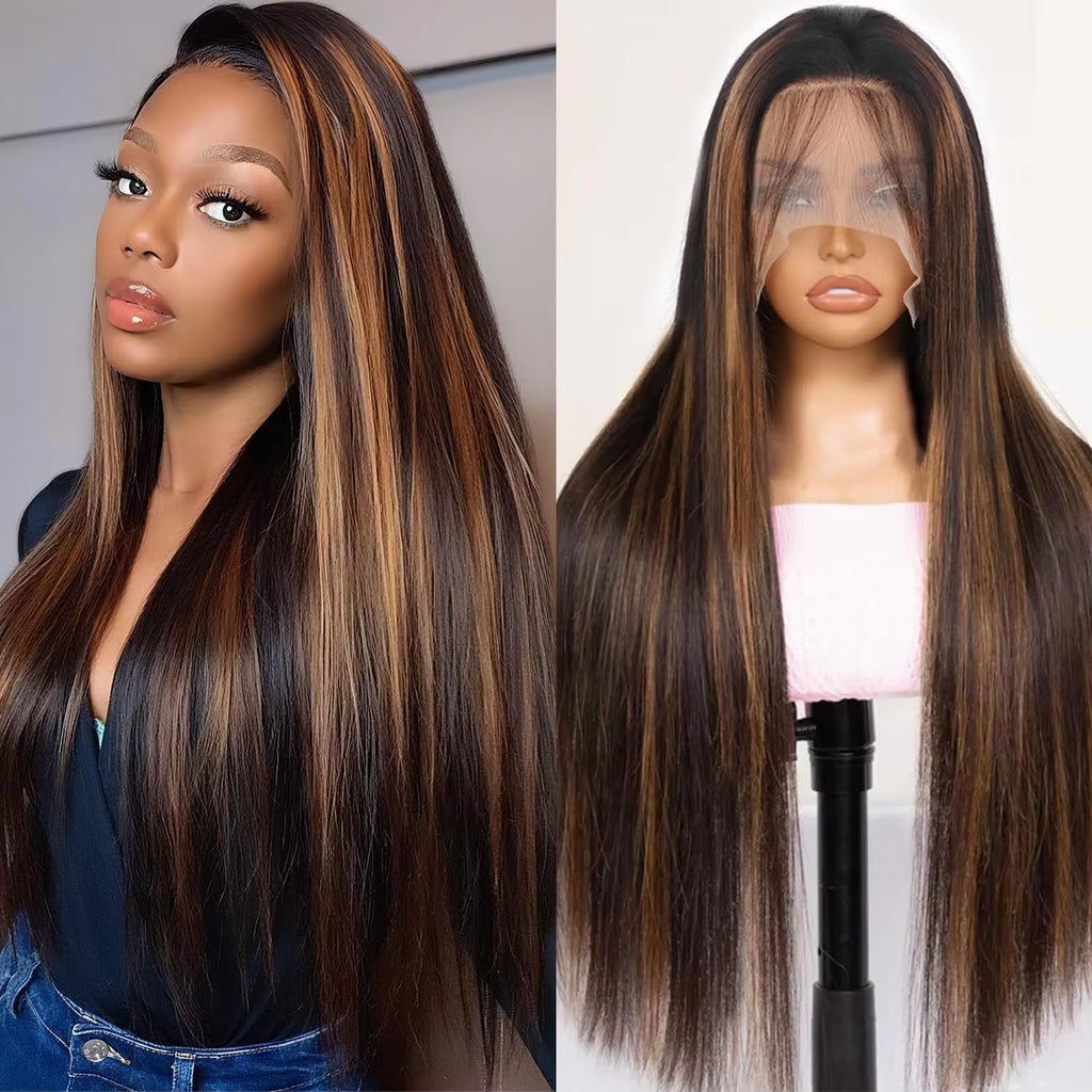 13x6 Ombre Lace Front Wig Human Hair 28IN 180Density Highlight Straight Wig