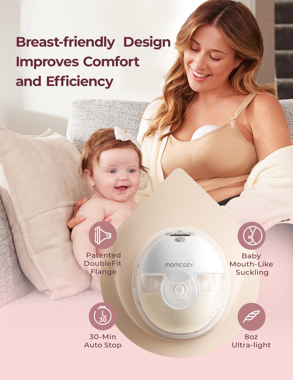 Momcozy M5 Lite Hands-Free Wearable Breast Pump, DoubleFit Flange for Baby-Like Comfort, 3 Modes & 9 Suction Levels, No Flange Insert or Hard Carry Case, 24mm, 2-Pack, Cozy Red