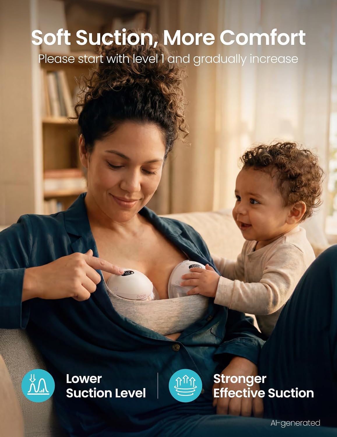 Paruu P21 Wearable Breast Pump with Baby-Mouth Flange Design, Hands-Free Electric Breast Pump, 315mmHg Strong Suction, 4 Modes 12 Levels, 17/19/21mm Flange Inserts, Stand-up Milk Bowl, Storage Bag