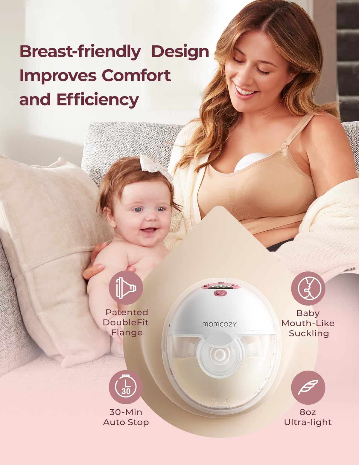 Momcozy M5 Lite Hands-Free Wearable Breast Pump, DoubleFit Flange for Baby-Like Comfort, 3 Modes & 9 Suction Levels, No Flange Insert or Hard Carry Case, 24mm, 2-Pack, Cozy Red