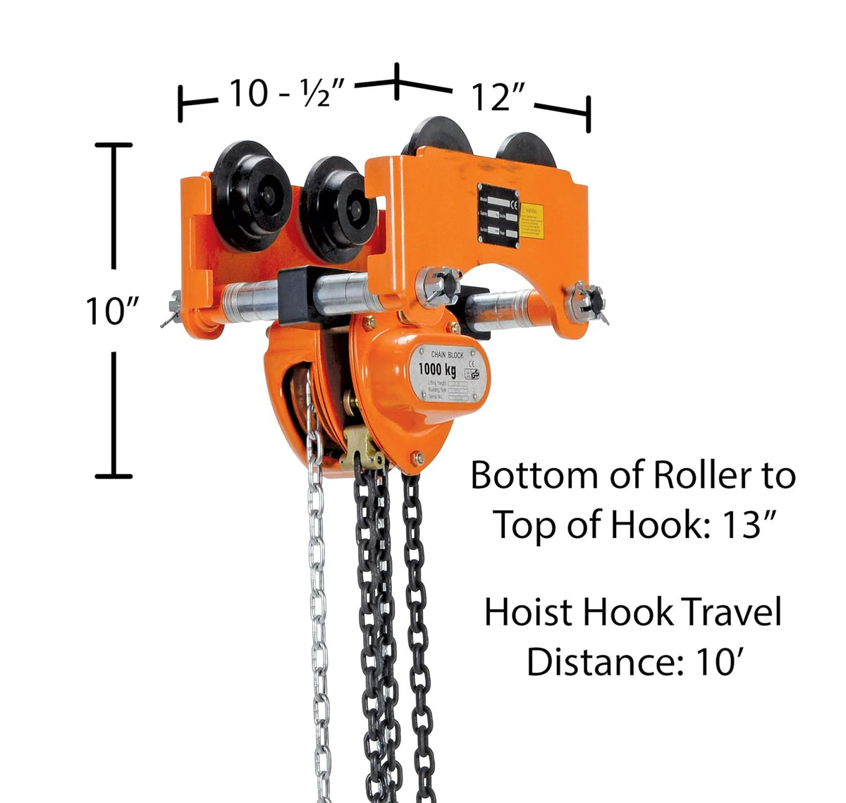 Vestil LOW-2P Steel Low Headroom Chain Hoist Push Trolley 12 In. x 10-1/2 In. x 10 In. 2,000 Lb. Capacity Orange