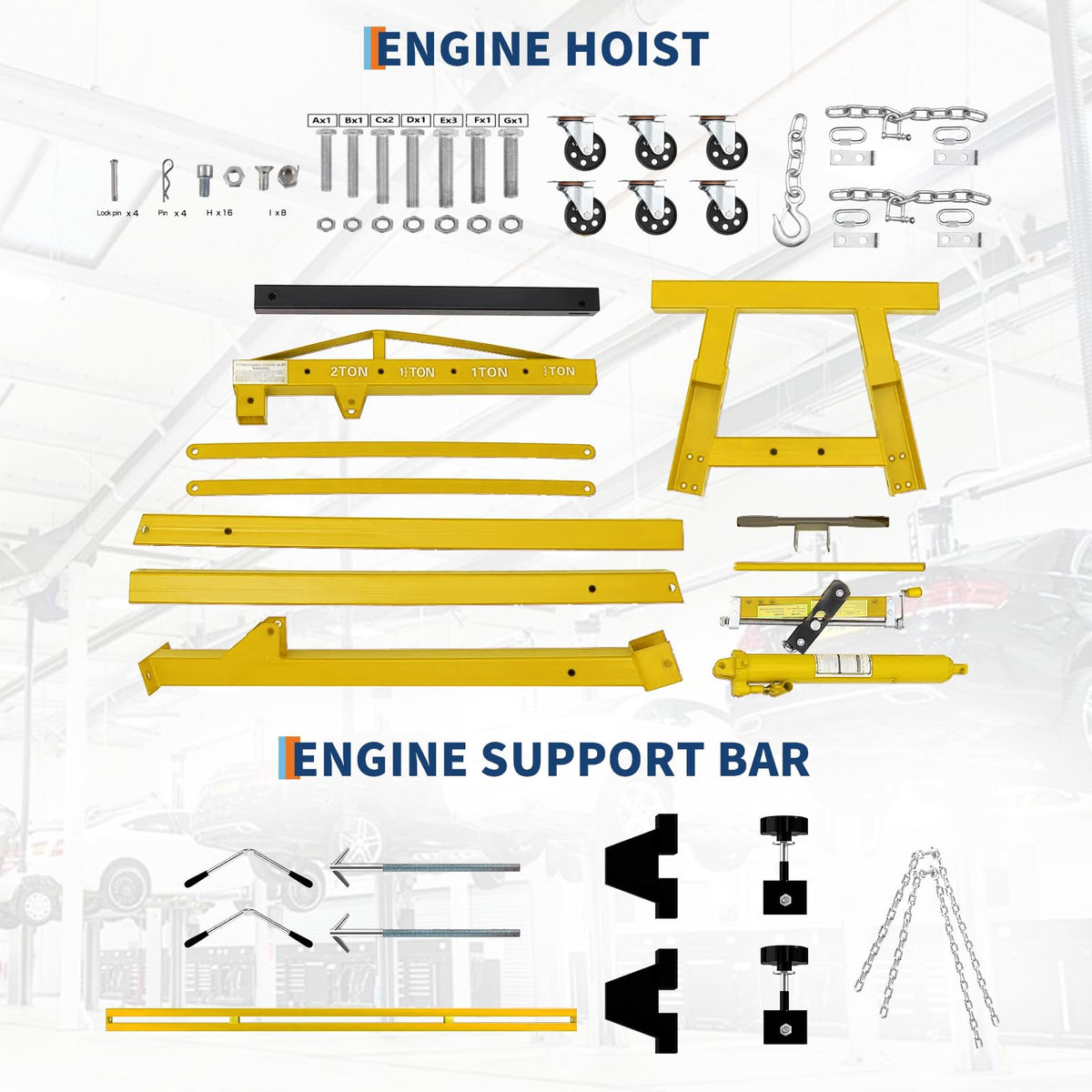 2-Ton Folding Engine Hoist Cherry Picker 4400 Lb Capacity Hydraulic Shop Crane with Telescoping Boom 6 Caster Wheels for Automotive Repair Garage Use Includes Hitch and Storage Stand Orange