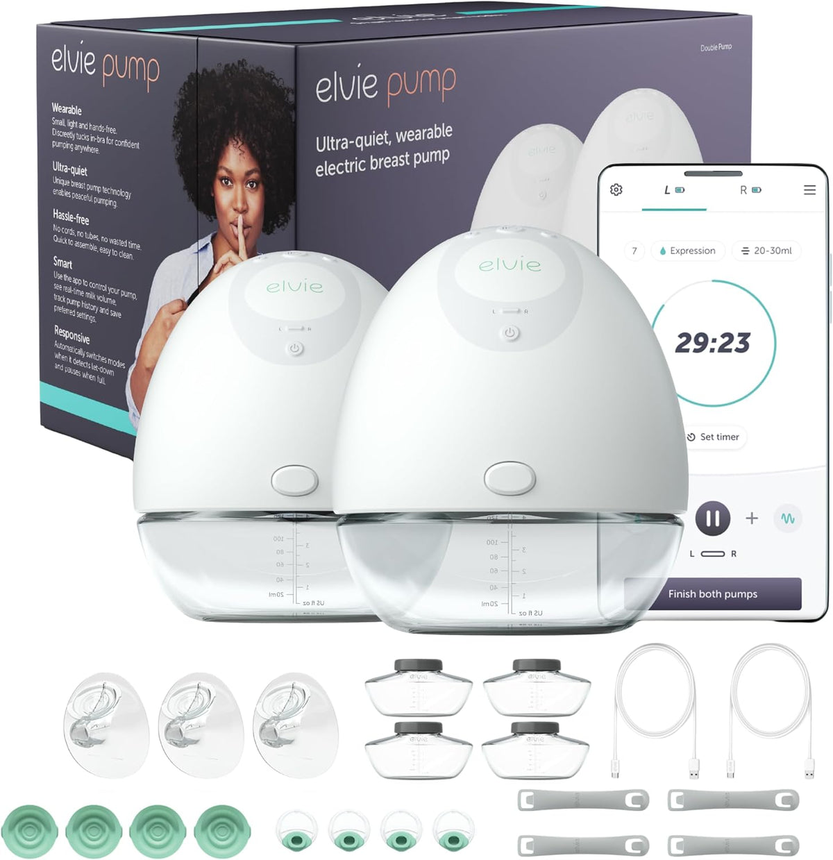 Elvie - Double, Wearable Breast Pump w/App - The Smallest & Quietest - Portable - Hands Free & Discreet - Automated with Four Personalized Settings
