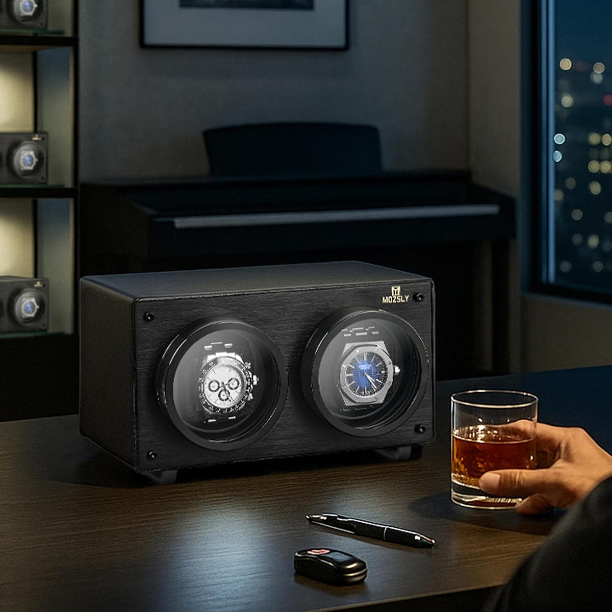 MOZSLY Double Watch Winder for Automatic Watches with Quiet Motor 12 Rotation Mode Setting AC Adapter or Battery Powered PU Leather