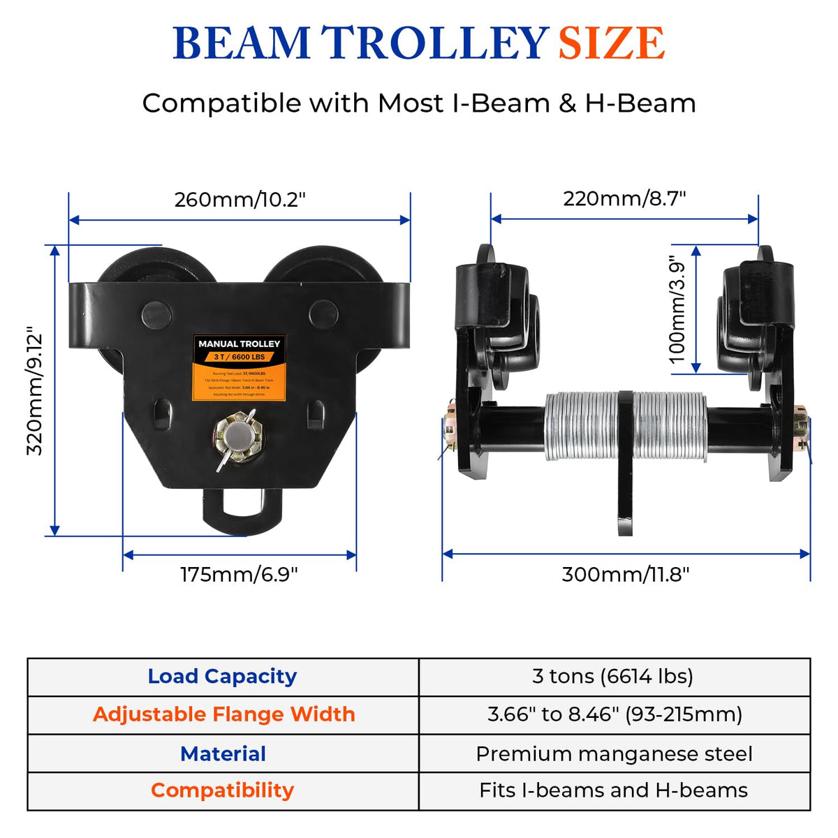 I Beam Trolley 3 Ton Manual Adjustable