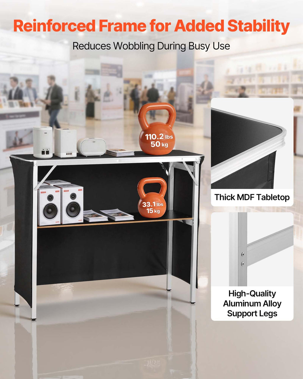 VEVOR Promotion Counter Table, Portable Tradeshow Podium Table, 30.91" x 14.96" x 71.46", Display Exhibition Counter Stand Booth Fair with Wall, Pop Up Podium with Storage Rack/Carrying Bag