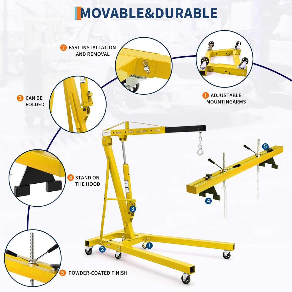 2-Ton Folding Engine Hoist Cherry Picker 4400 Lb Capacity Hydraulic Shop Crane with Telescoping Boom 6 Caster Wheels for Automotive Repair Garage Use Includes Hitch and Storage Stand Orange