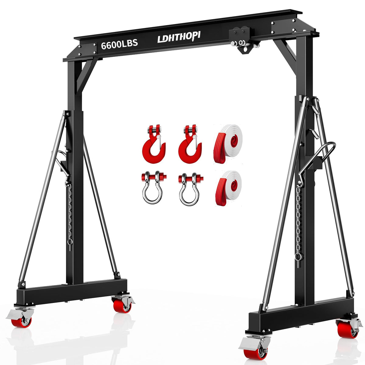 LDHTHOPI 3 Ton Gantry Crane, 6600LBS Adjustable Height 8.53 to 12.47ft with Triangle Base, Portable I-Beam Hoist for Factory, Warehouse, Auto Repair & Construction,Red