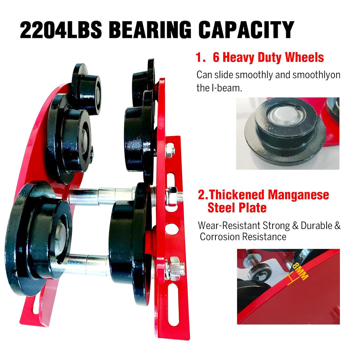Manual Trolley for I-Beam 2200lbs with Heavy Duty 6 Wheel,Push Geared Overhead for PA200 to PA1000 Electric Hoist,2.68in - 4.33in Adjustable Flange for Lifting,1Ton Loading Capacity